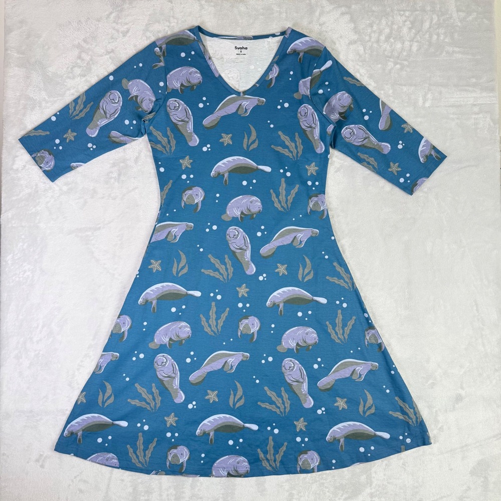 Svaha Manatee Print Dress Womens Small Blue 100% Cotton V-Neck A-Line Midi